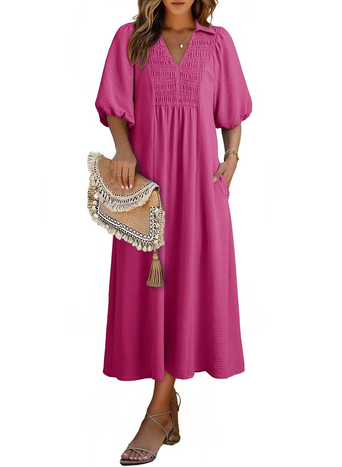 Dokotoo Summer Dresses for Women 2026 Casual Dresses V Neck Puff Sleeve Empire Waist A-Line Maxi Dress