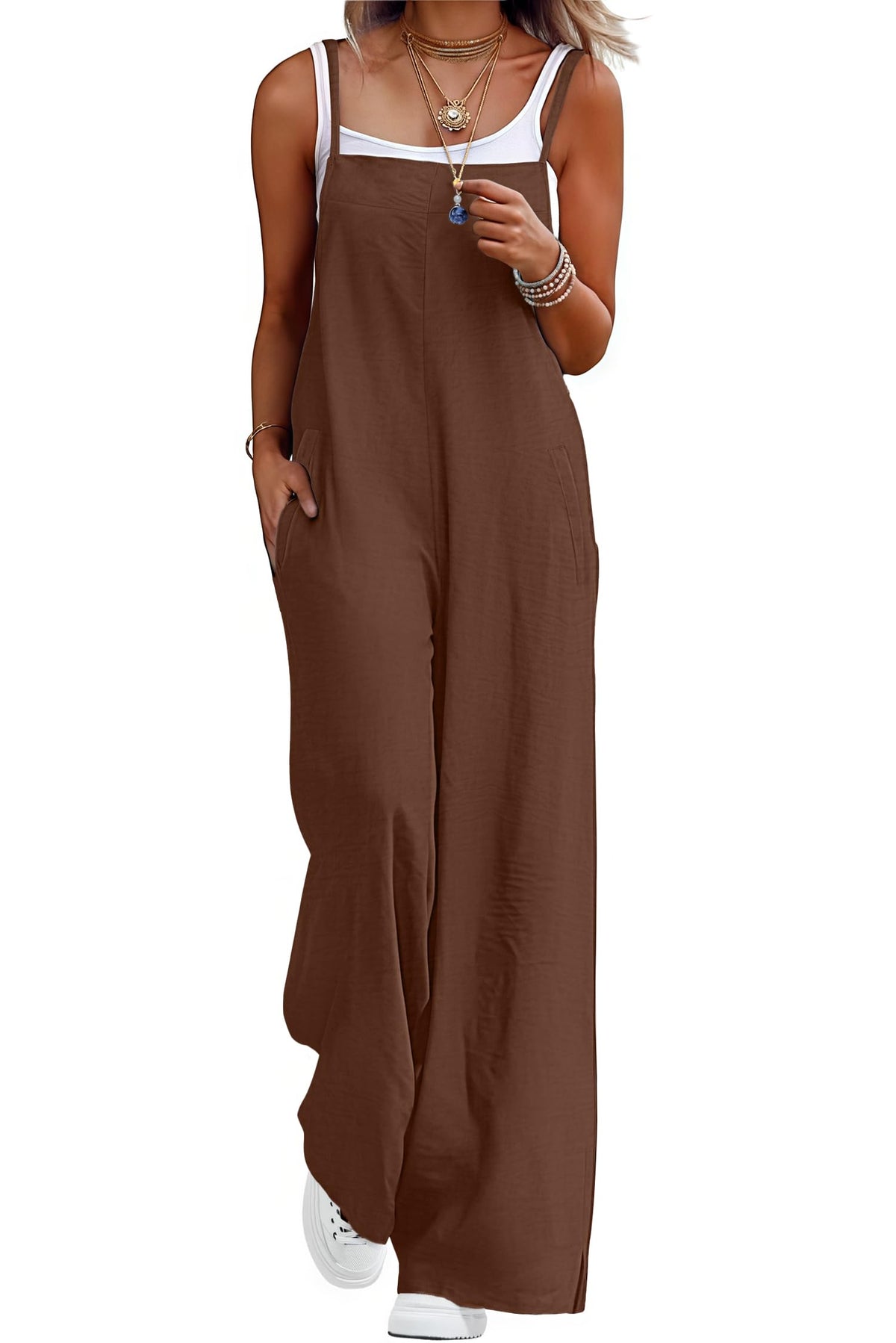 Lepunuo Womens Casual Loose Jumpsuits Summer Boho Wide Leg Rompers Sleeveless Overalls with Pockets