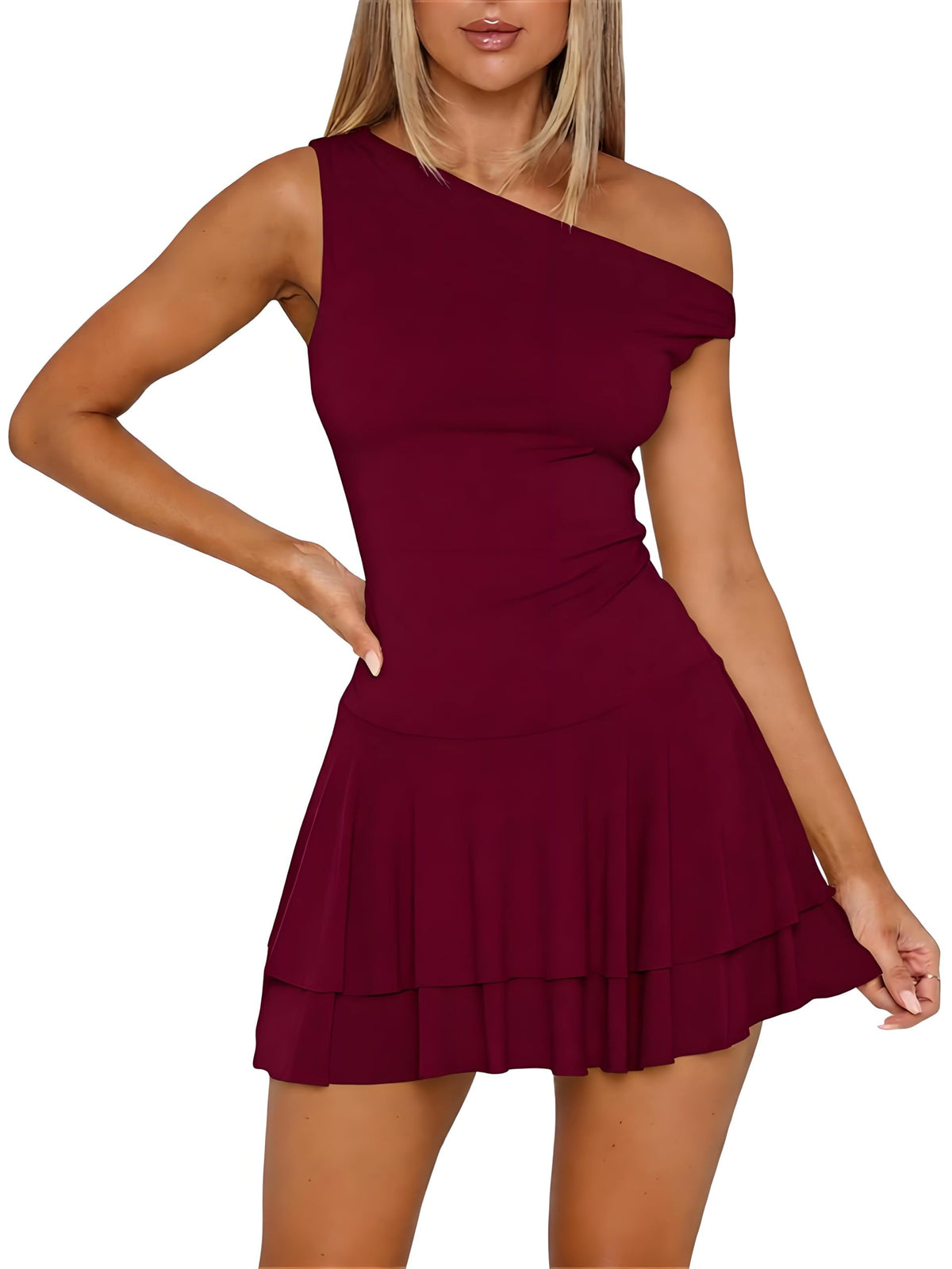 ForeFair Women's Sexy Off Shoulder Bodycon Mini Dresses Sleeveless Ruffle Hem Party Club Short Dress