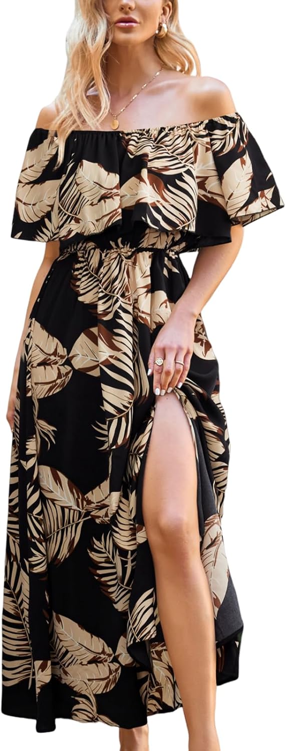 CUPSHE Womens Ruffle Floral Maxi Summer Dress Off Shoulder Beach Dress