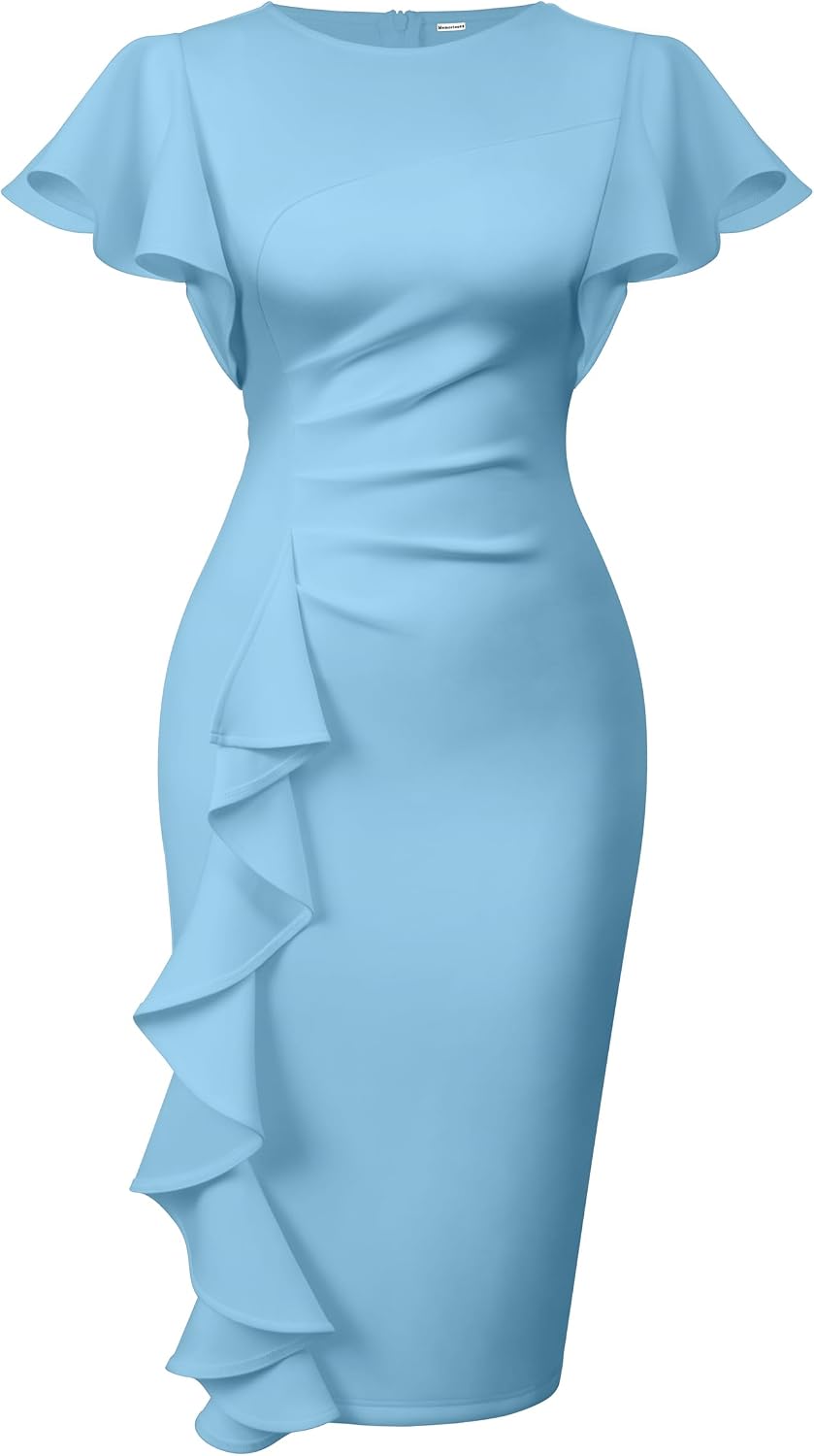 Memoriesea Women's Church Ruffle Sleeve Ruched Work Midi Dress