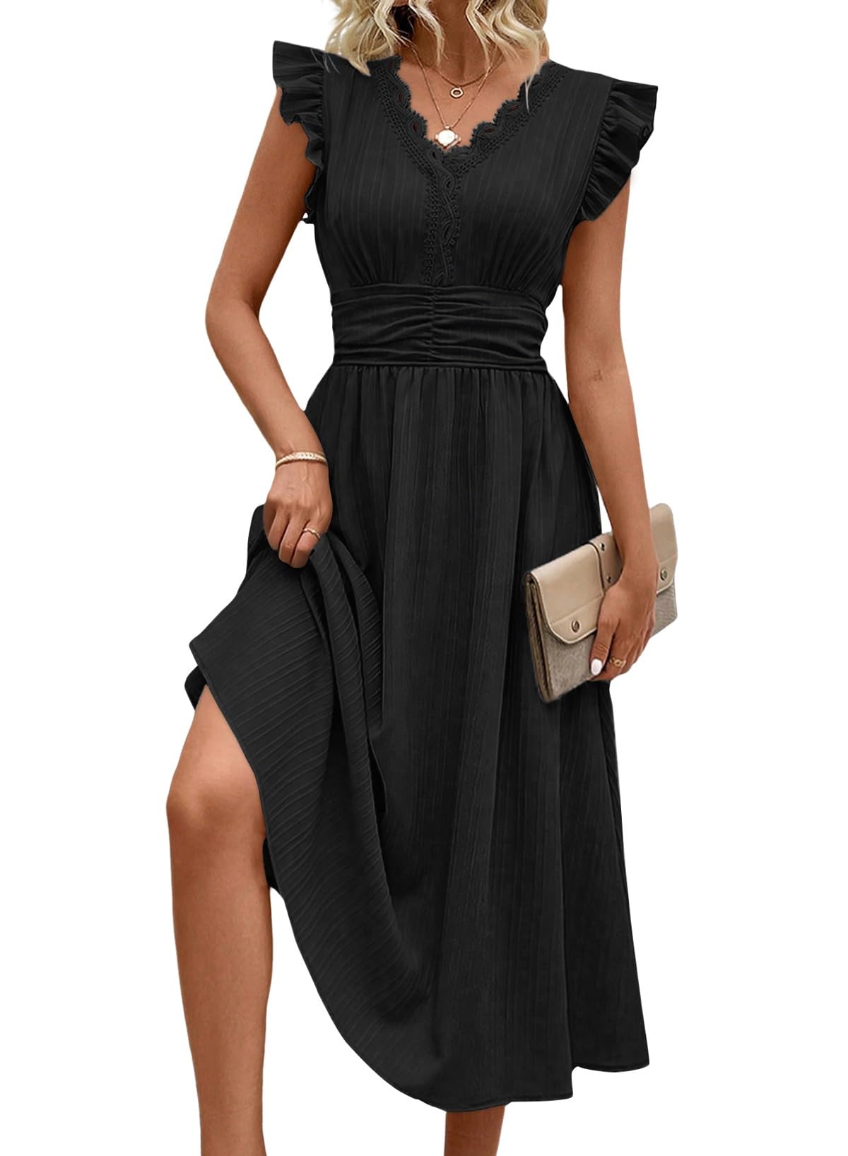 SHEWIN Women Summer Elegant Ruffle Sleeve Dress Semi Formal Outfits