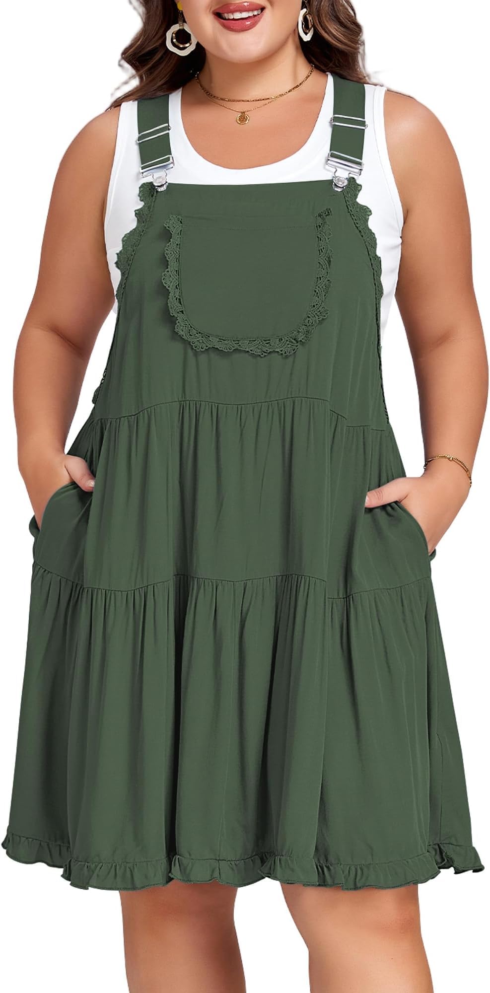 Moon Wood Plus Size Overall Dress for Women Adjustable Straps Lace Trim Jumper Dress with Pockets Tiered Mini Dress