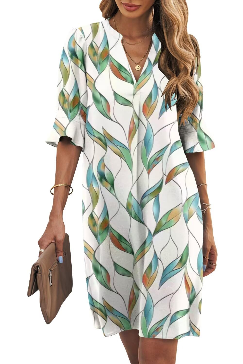 Wkior Womens Summer Ruffle Short Sleeve V Neck Shift Dress