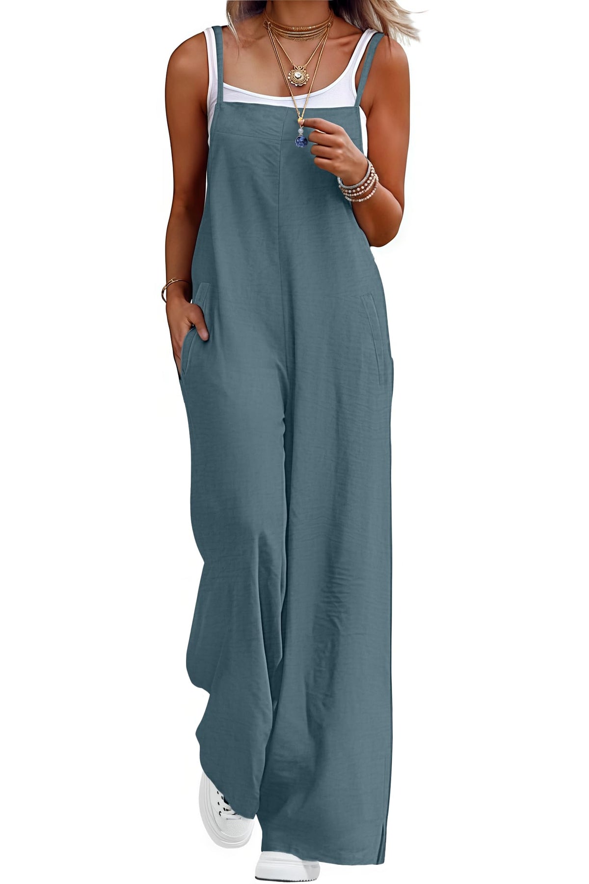 Lepunuo Womens Casual Loose Jumpsuits Summer Boho Wide Leg Rompers Sleeveless Overalls with Pockets