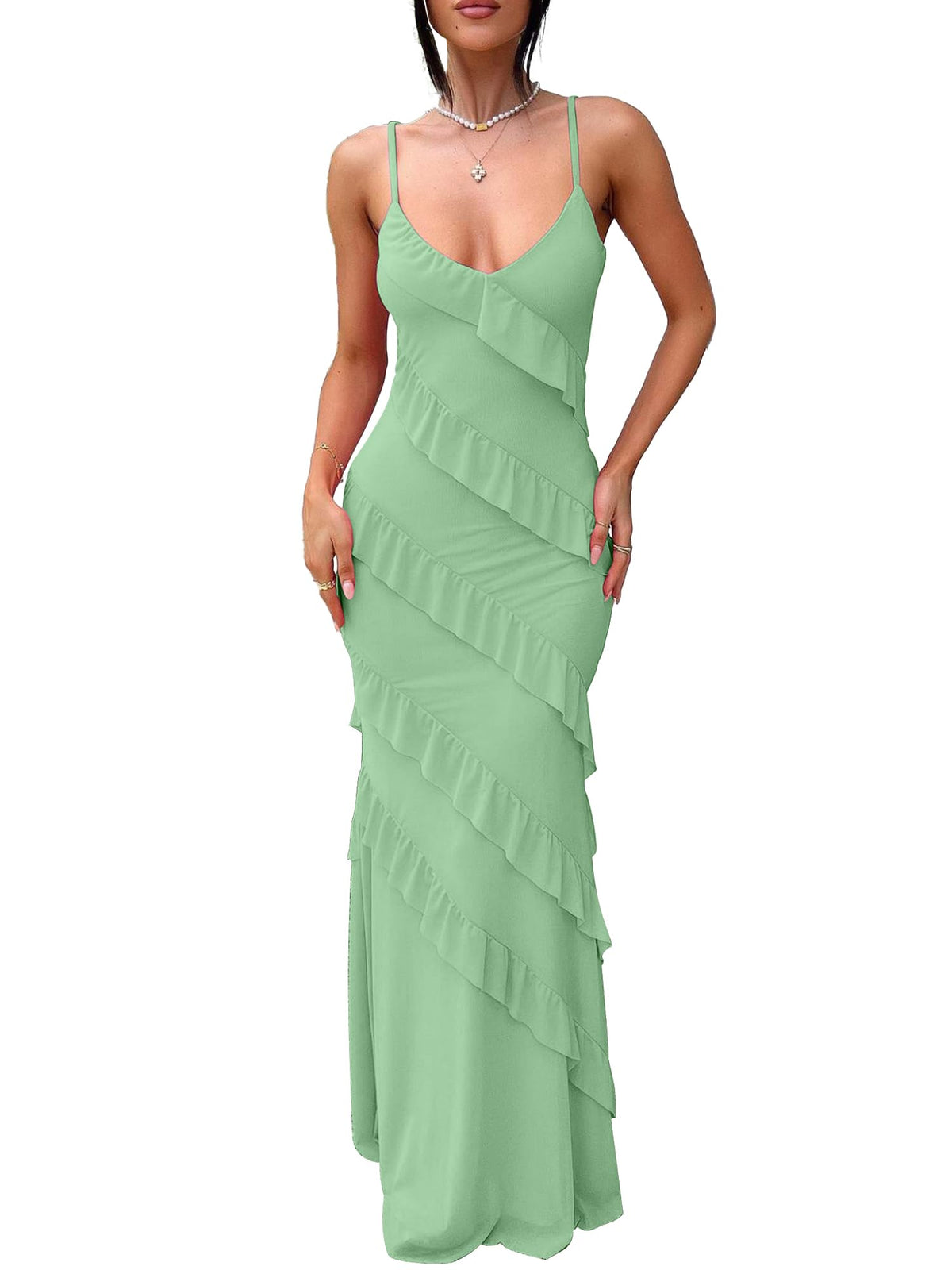 HOCILLE Women's Sexy V Neck Mesh Bodycon Wedding Guest Cocktail Maxi Dress