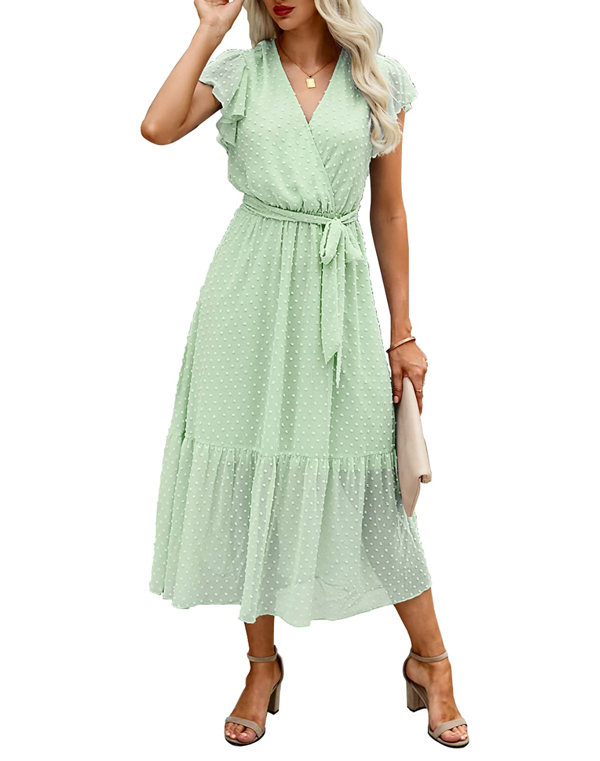 BTFBM Women Summer Casual Wrap V Neck Ruffle Cap Sleeve Belted Midi Dress