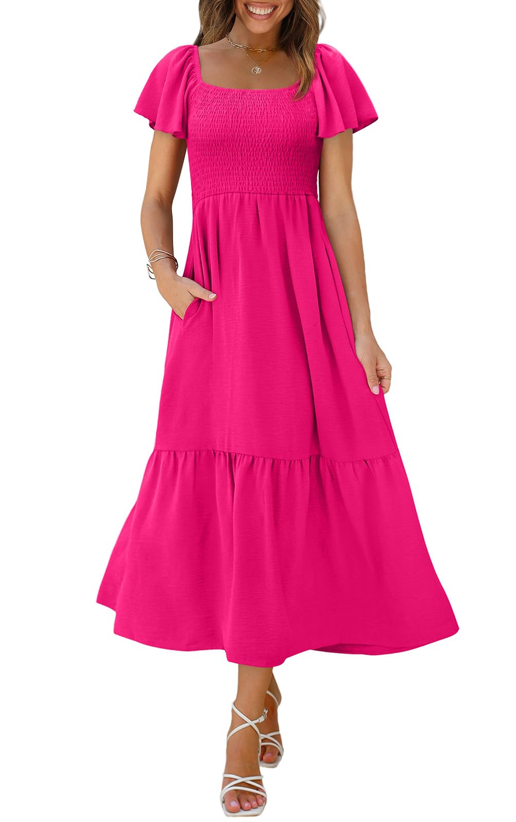 OFEEFAN Summer Dresses for Women Square Neck Ruffle Sleeve Smocked Maxi Dress with Pockets