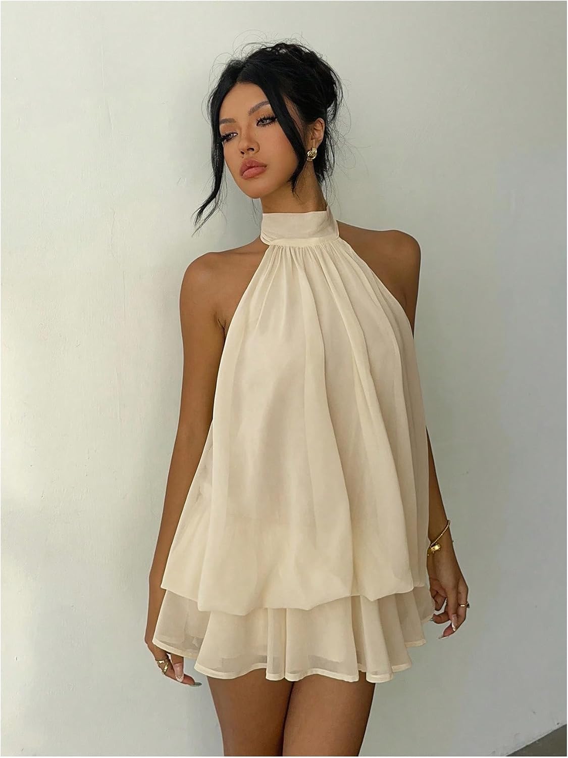 Verdusa Women's Chiffon Halter Drop Waist Flowy Wedding Guest Mini Dresses