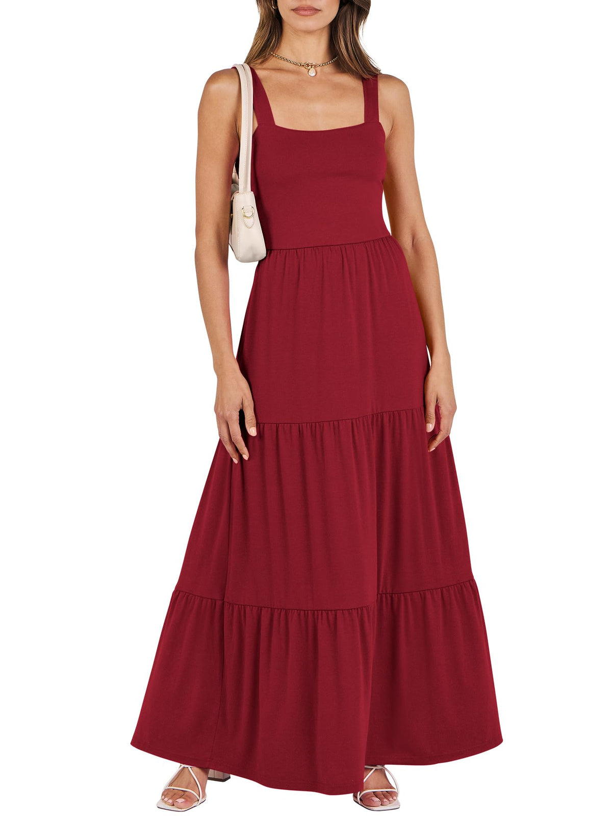 ANRABESS Women's Summer Flowy Maxi Dress Square Neck Sundress with Pockets