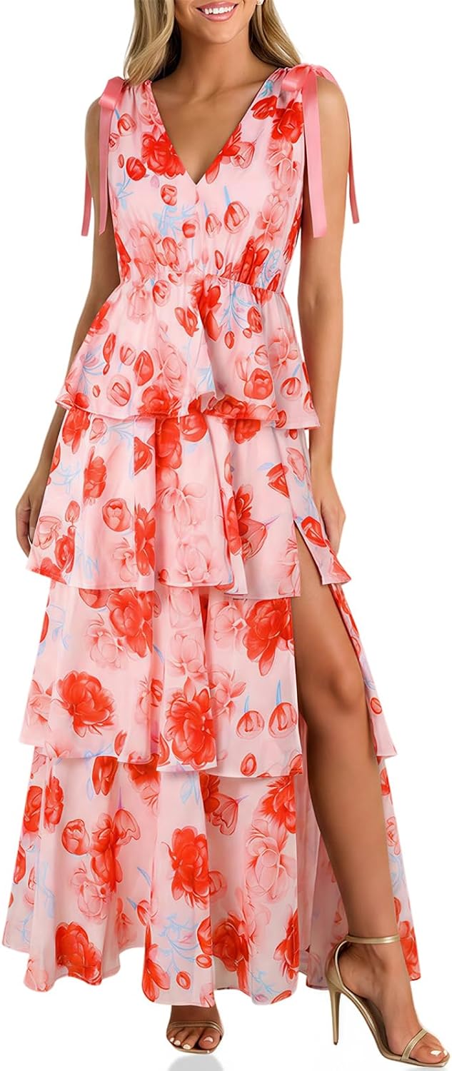 Wenrine Womens Elegant Wedding Guest Dress Floral Ruffle Maxi Dresses