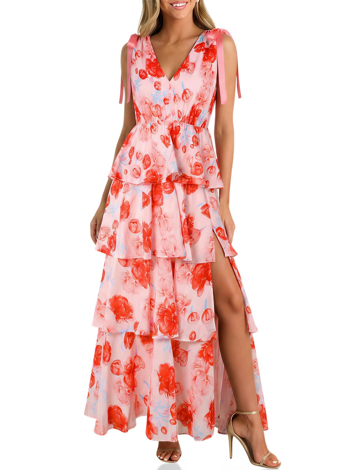 Wenrine Womens Elegant Wedding Guest Dress Floral Ruffle Maxi Dresses