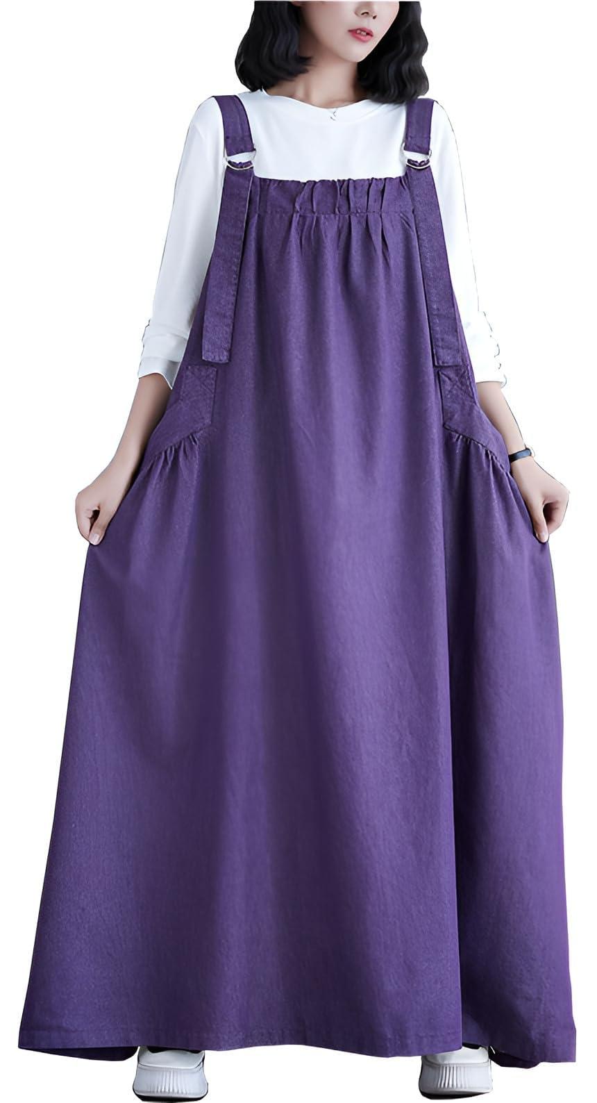 Denim Jumper Dress for Women Loose Version Baggy Style Maxi Length Adjustable Straps Wide Hemline