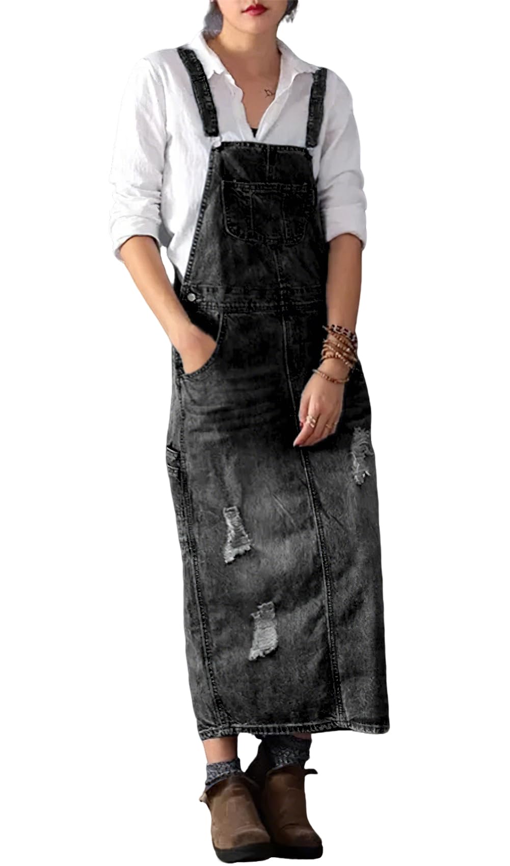 chouyatou Women's Adjustable Strap Distressed Denim Overall Dress A-Line Pinafore Jean Dress with Split