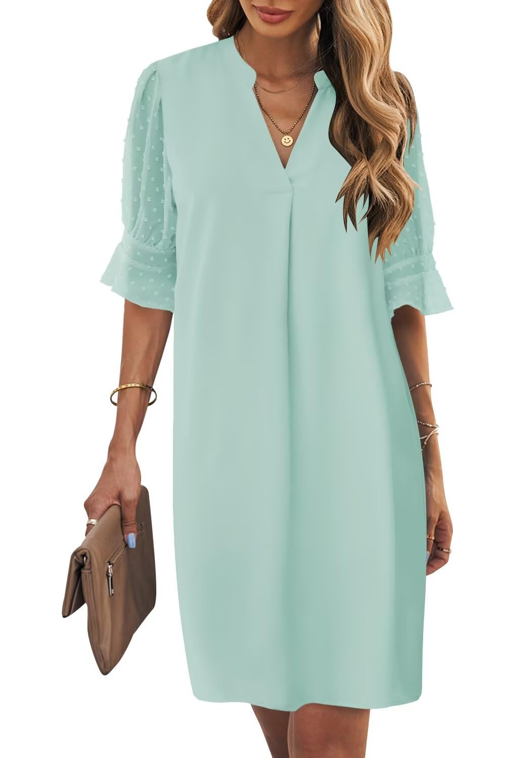 Wkior Womens Summer Ruffle Short Sleeve V Neck Shift Dress