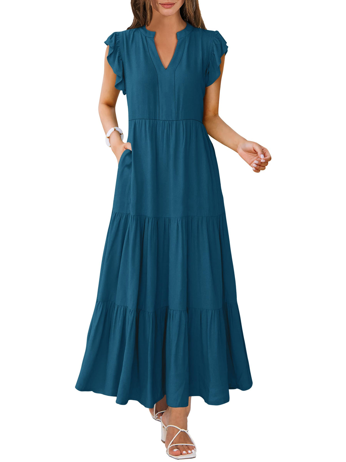ANRABESS Womens Summer Dress Ruffle Sleeve V Neck Vacation Maxi Dresses