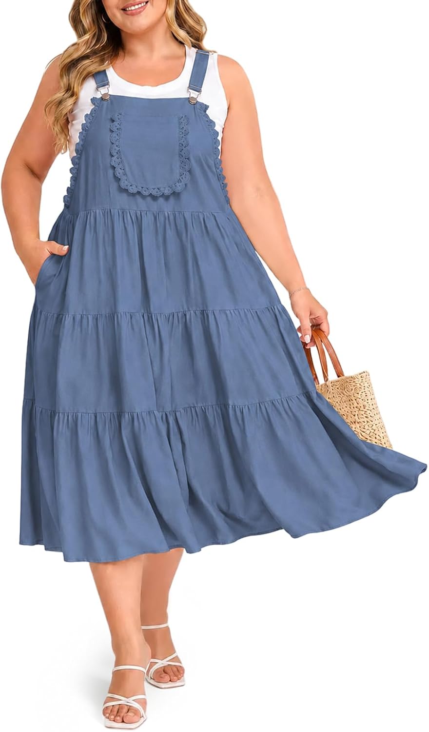 Moon Wood Plus Size Overall Dress for Women Casual Bib Jumper Dress Summer Maxi Dress with Pockets Adjustable Straps