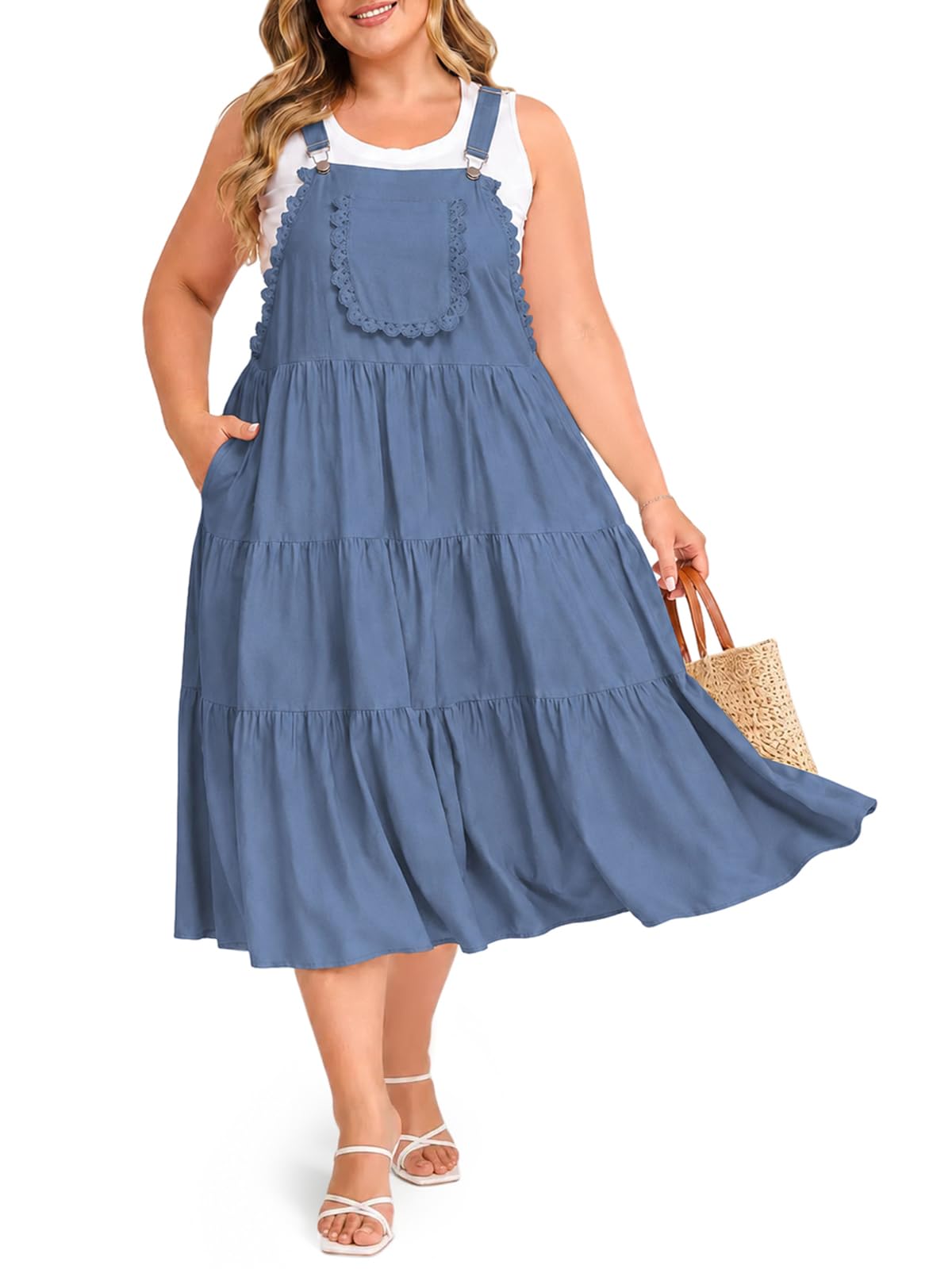 Moon Wood Plus Size Overall Dress for Women Casual Bib Jumper Dress Summer Maxi Dress with Pockets Adjustable Straps
