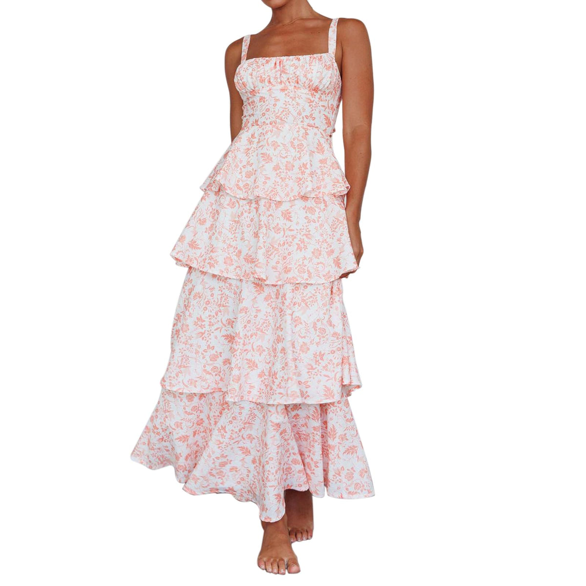 ABYOVRT Women Floral Maxi Dress Sleeveless Bow Back Tiered Boho Flowy Long Dresses Summer Fall