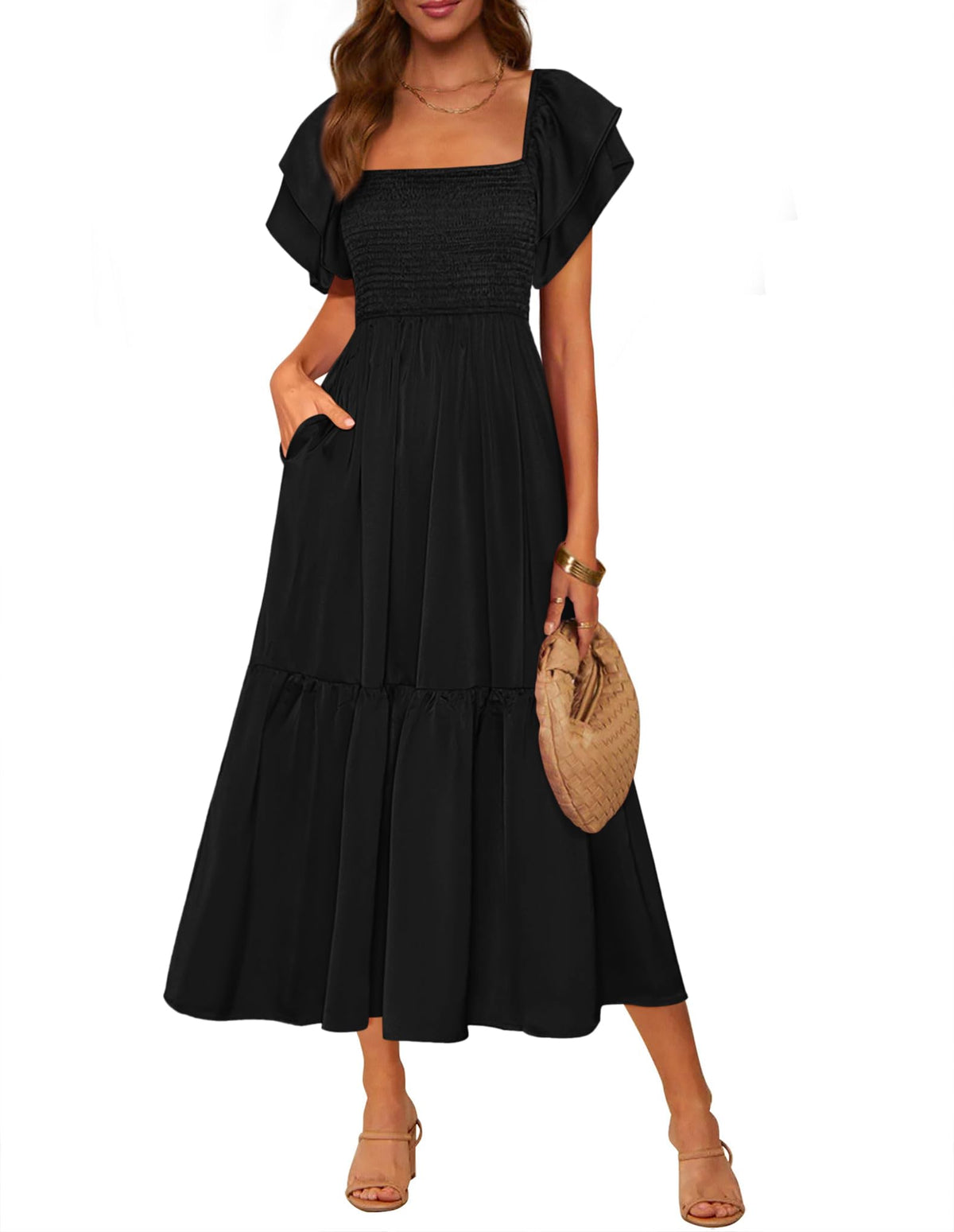 MASCOMODA Womens Summer Casual Smocked Flowy Midi Dress