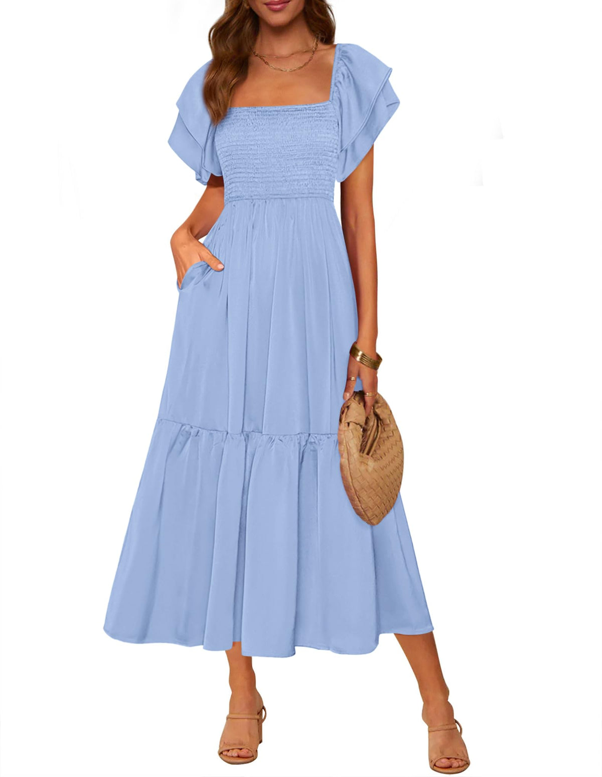 MASCOMODA Womens Summer Casual Smocked Flowy Midi Dress