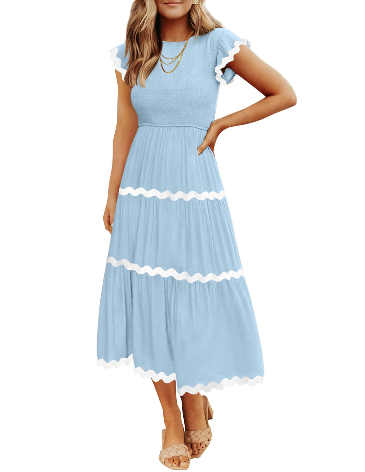 ZESICA Womens Summer Casual Smocked Flowy Midi Dress