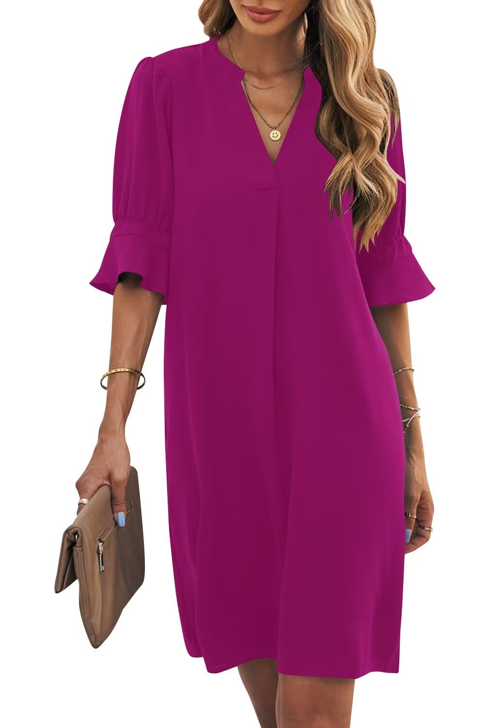 Wkior Womens Summer Ruffle Short Sleeve V Neck Shift Dress