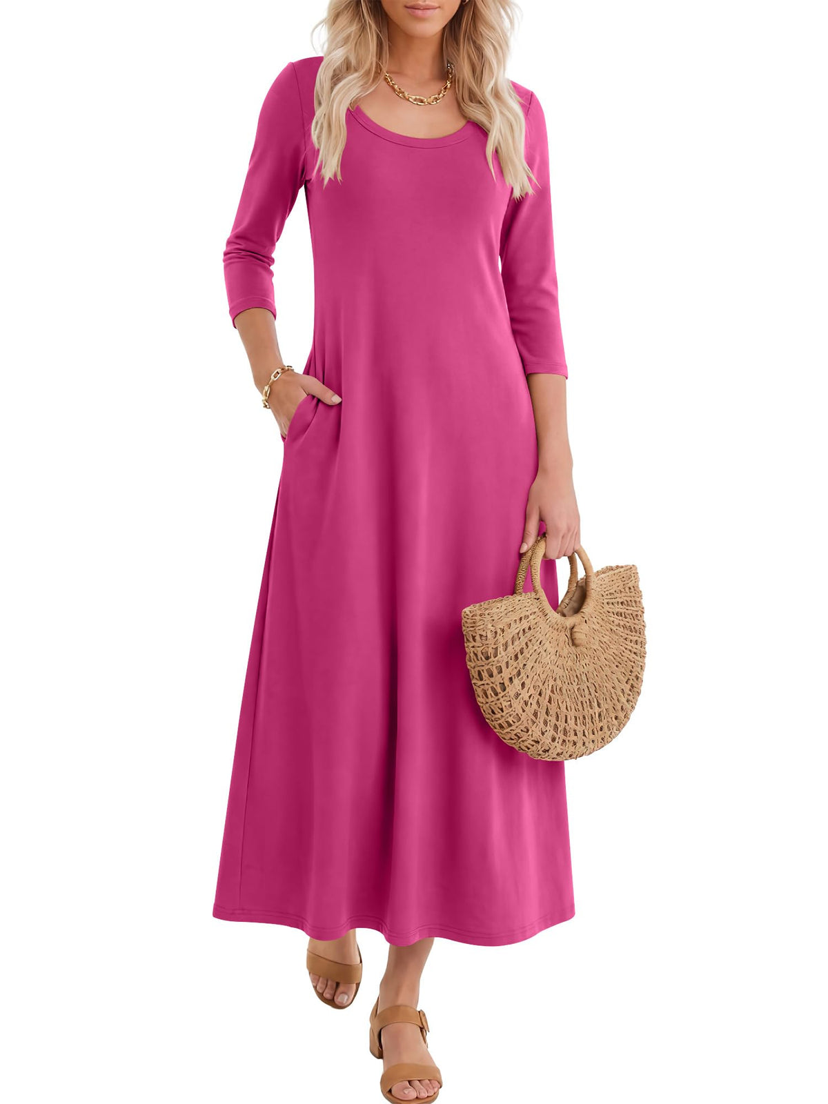 ANRABESS Womens 3/4 Sleeve Scoop Neck Casual Maxi Dress