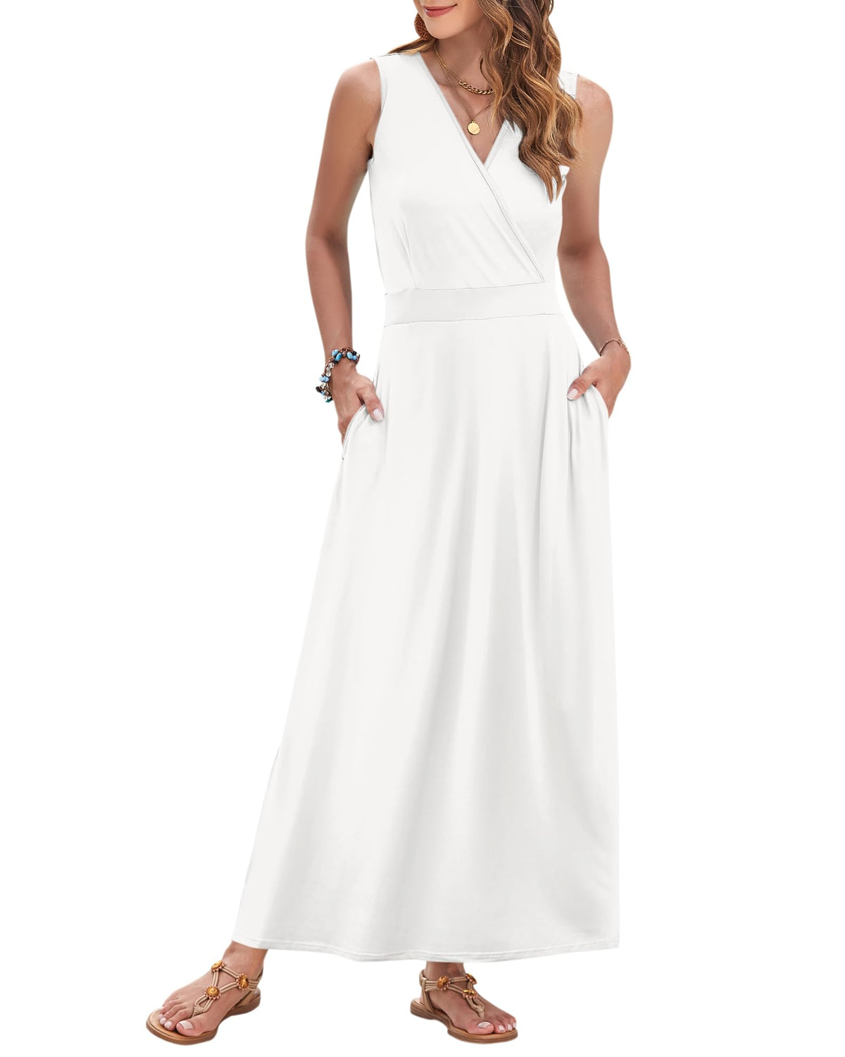 AUSELILY Womens Maxi Dress Summer Sleeveless Wrap Long Dresses with Pockets