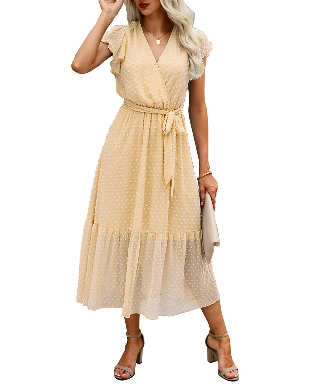BTFBM Women Summer Casual Wrap V Neck Ruffle Cap Sleeve Belted Midi Dress