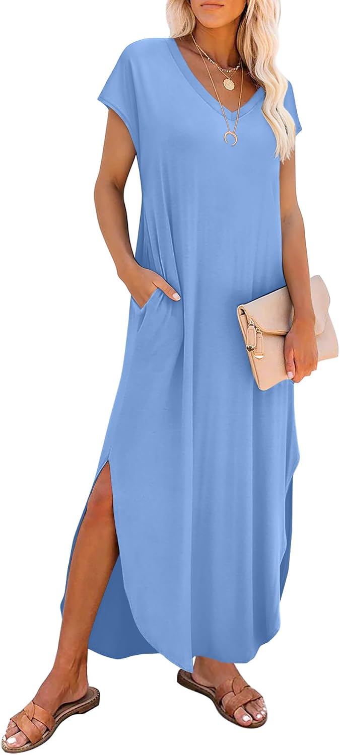 RUMIA Summer Maxi Dresses for Women Cap Sleeve Long Sundress with Pockets