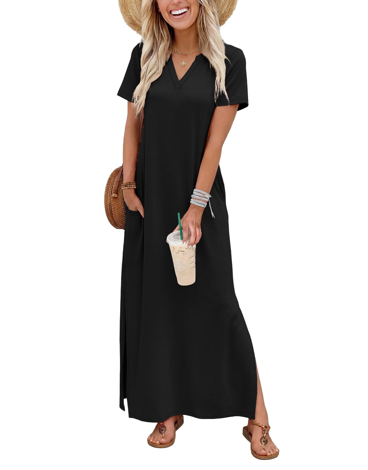 OFEEFAN Summer Dresses for Women 2026 Maxi Dress Short Sleeve Sundresses with Pockets Beach Vacation Spring Outfits