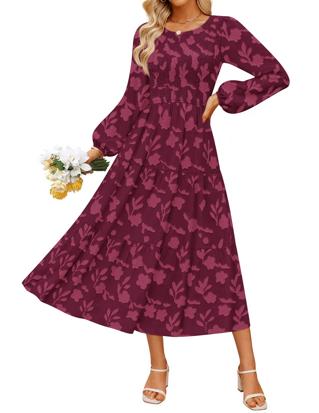 ZESICA Womens Fall Wedding Guest Long Sleeve Boho Midi Dress