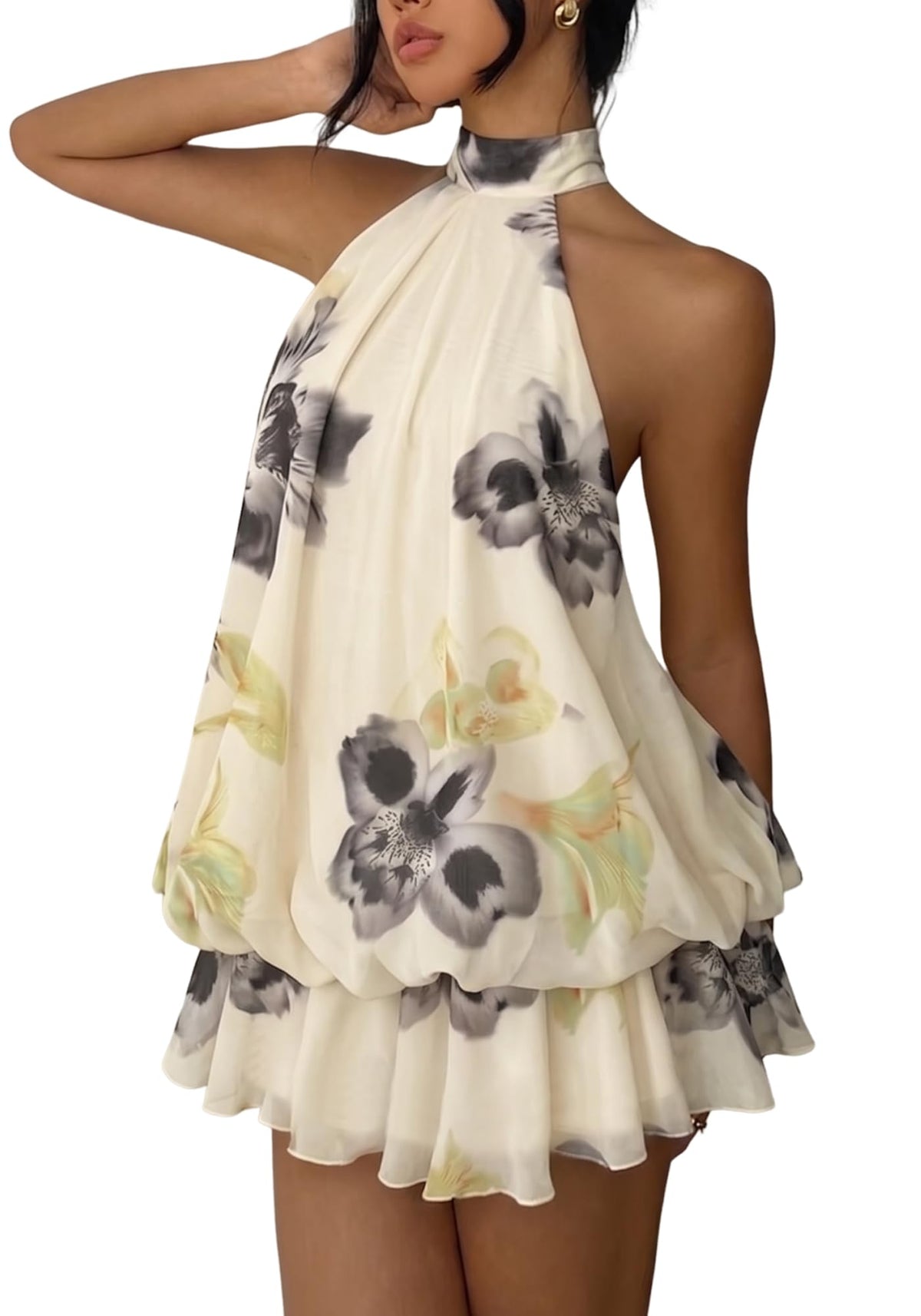 Women's Chiffon Halter Drop Waist Mini Dress Wedding Guest Dresses Ruffle Formal Holiday Club Brunch Outfits