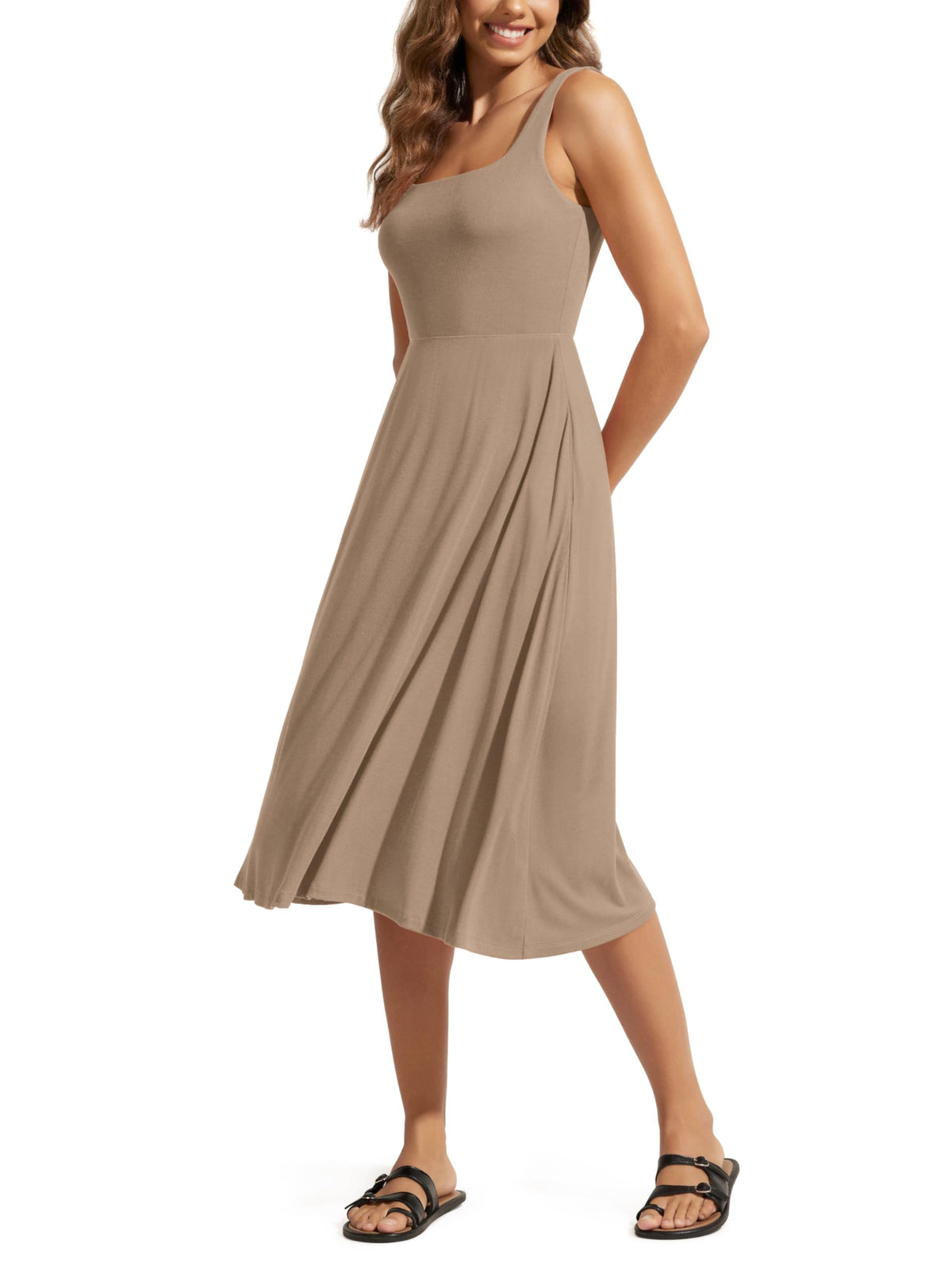 ODODOS Square Neck Midi Dress with Pockets for Women Summer Casual Sleeveless Sundress Flare Tank Dress