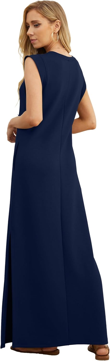 GRECERELLE 2026 Women Year-Round Casual Round Neck Loose Split Wrinkle-Free Long Maxi Vacation Dress with Pockets (XXS-4XL)