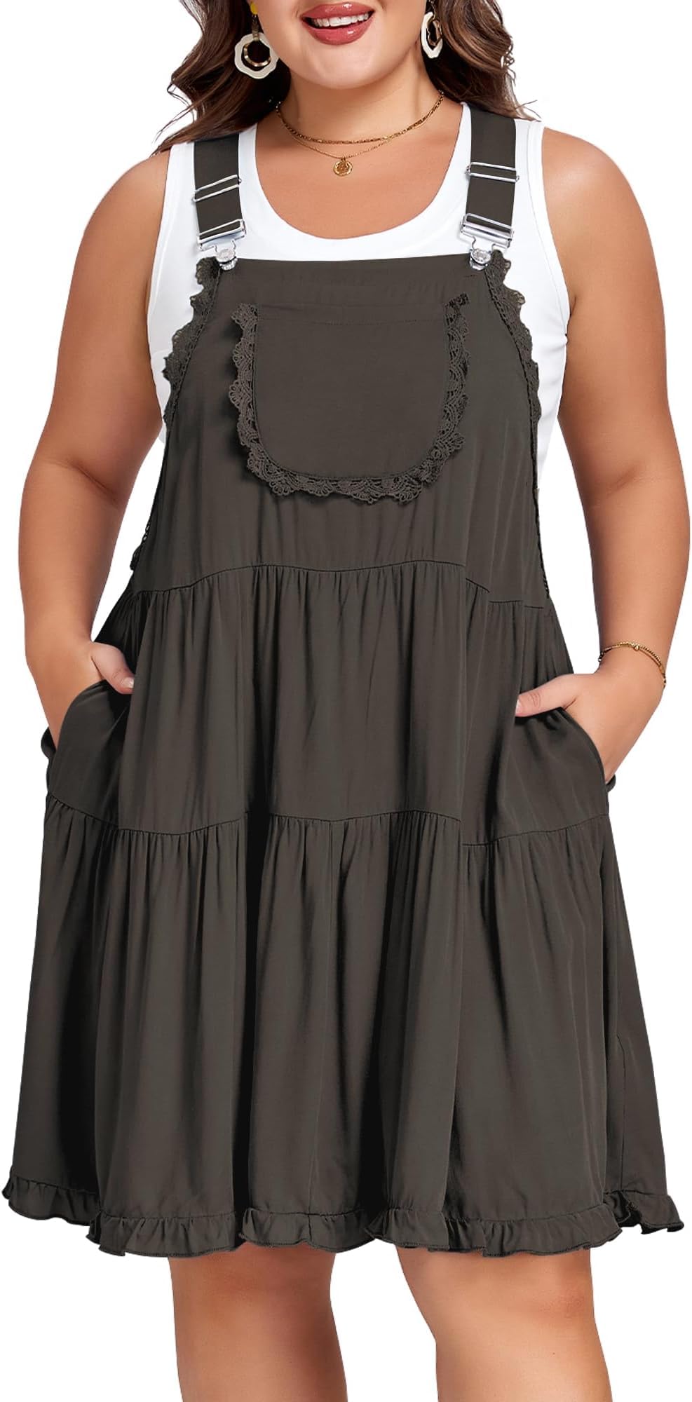 Moon Wood Plus Size Overall Dress for Women Adjustable Straps Lace Trim Jumper Dress with Pockets Tiered Mini Dress