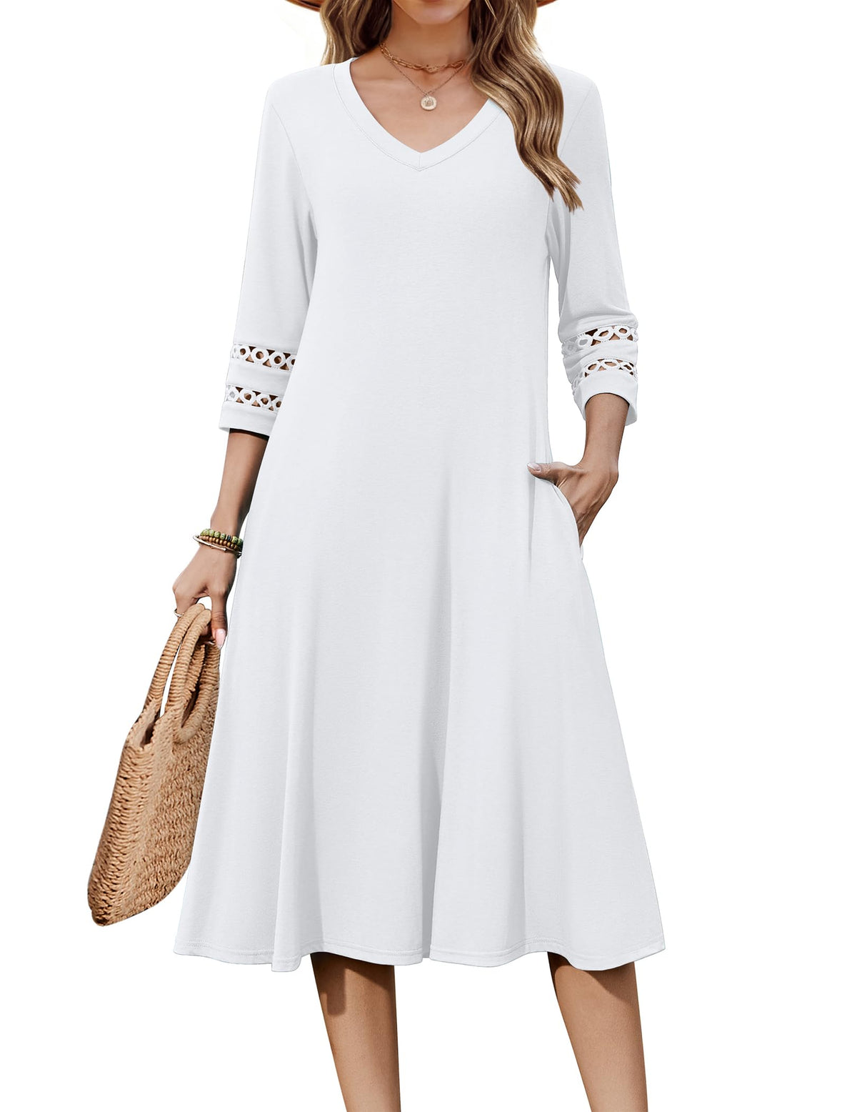 Zeagoo Women's Dresses 3/4 Sleeve Casual V-Neck A Line Eyelet Midi Dress