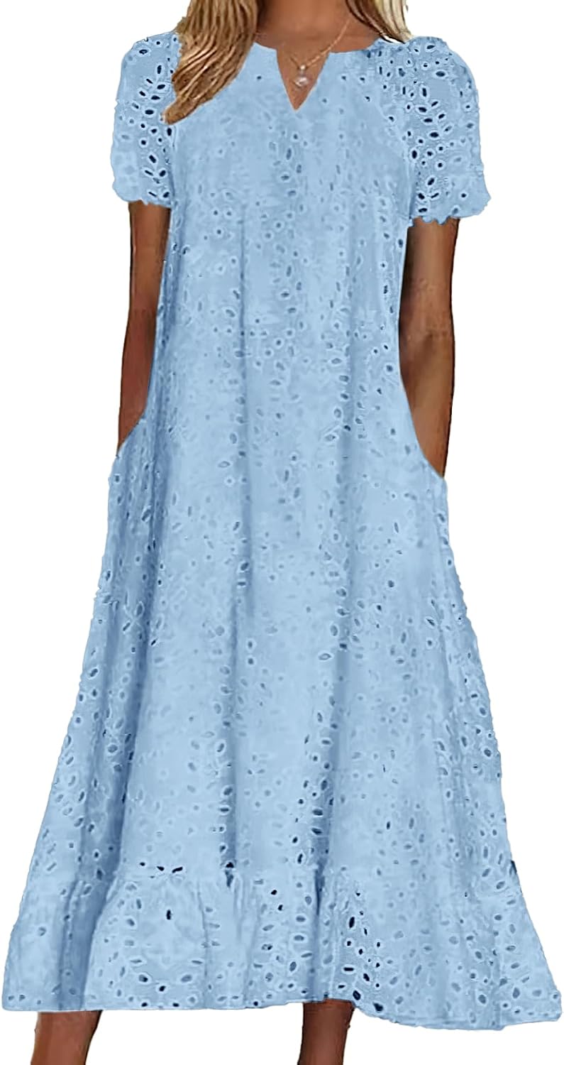 chouyatou Women Summer Ruffle Hem Floral Lace Eyelet Dress Casual Notch Neck Midi Tunic Dress with Pocket