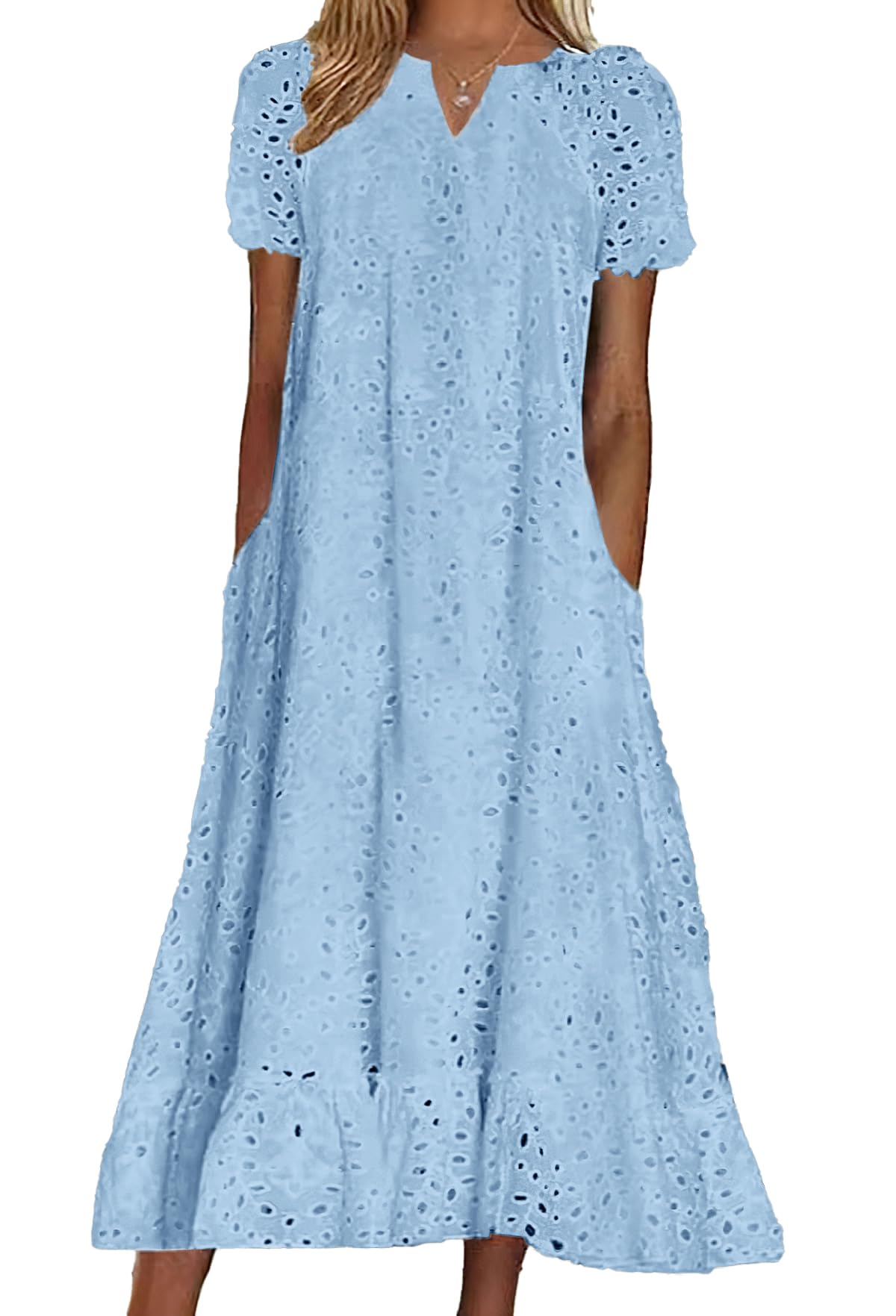 chouyatou Women Summer Ruffle Hem Floral Lace Eyelet Dress Casual Notch Neck Midi Tunic Dress with Pocket