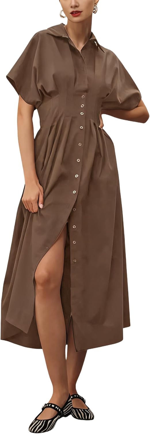 Yeokou Shirt Dress for Women Summer Casual Short Sleeve Button Down Loose Pleated Maxi Sundress with Pockets