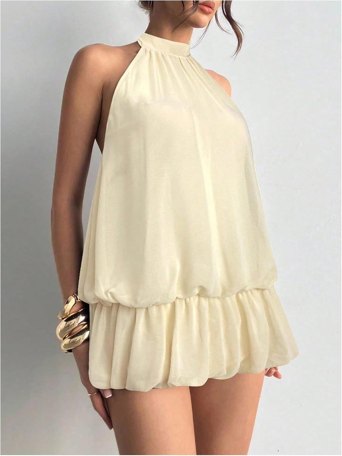 Floerns Women Backless Sleeveless Ruffle Bubble Hem Mesh Halter Mini Dress