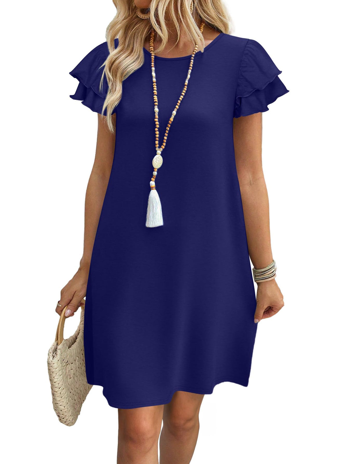 OFEEFAN Womens Summer Dresses 2026 Ruffle Sleeve Round Neck Loose Swing Sundresses with Pockets Plain/Print