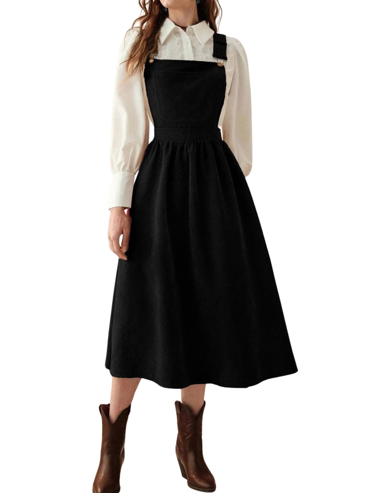 chouyatou Women's Fall Corduroy Overall Dress Adjustable Strap A Line Flare Pinafore Midi Jumper Dress