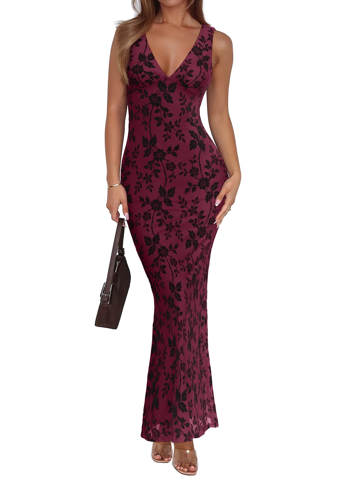 REORIA Women's Summer V Neck Sleeveless Maxi Dress Sexy Mesh Long Dresses