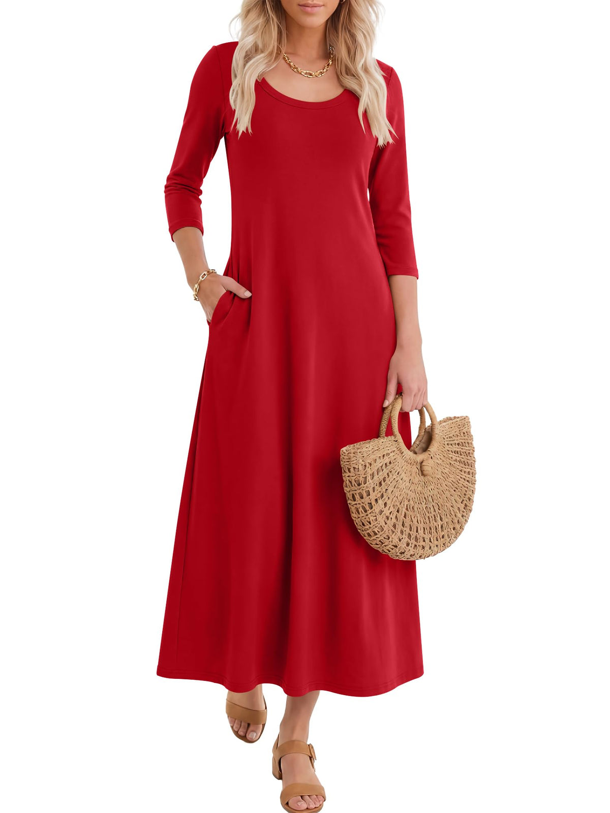 ANRABESS Womens 3/4 Sleeve Scoop Neck Casual Maxi Dress