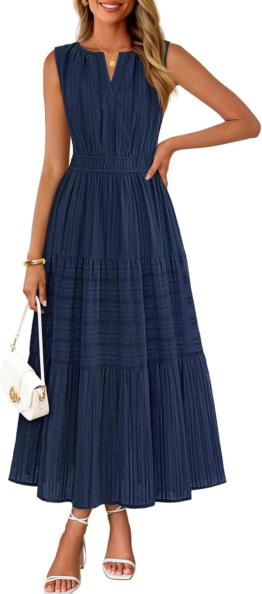 MEROKEETY Summer Casual Sleeveless V Neck Midi Maxi Cotton Dress Women 2026