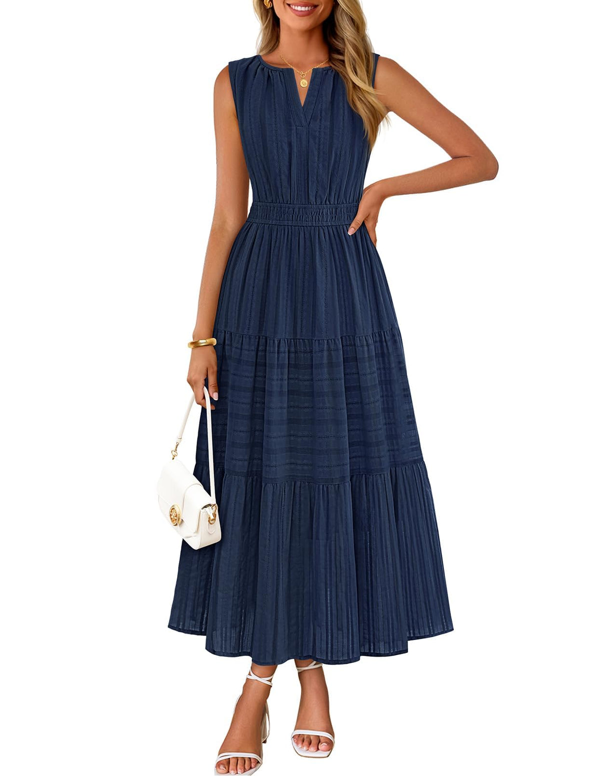 MEROKEETY Summer Casual Sleeveless V Neck Midi Maxi Cotton Dress Women 2026