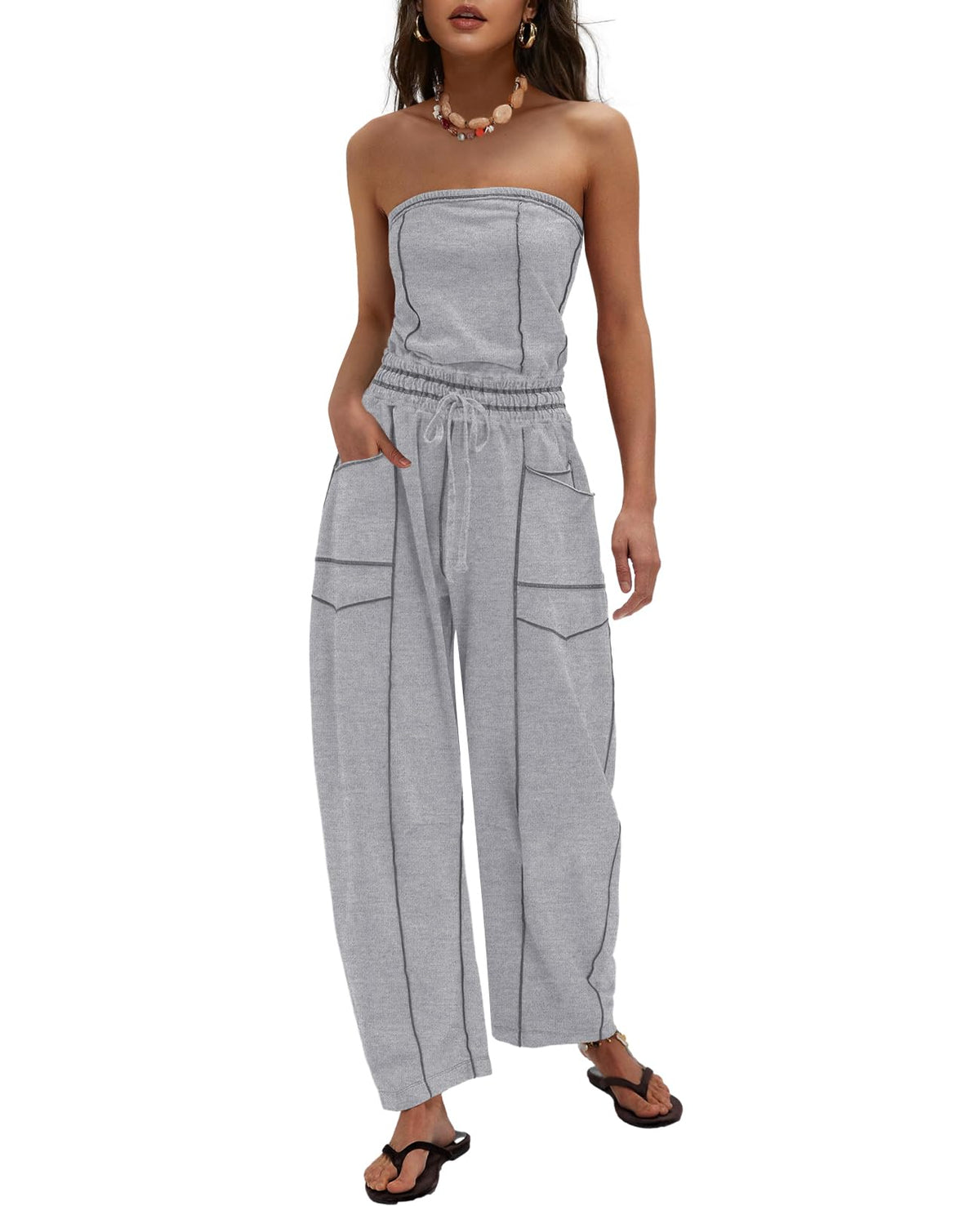 LAMISSCHE Womens Casual Strapless Jumpsuits off the Shoulder Summer Rompers Sleeveless One Piece Outfits with Pockets