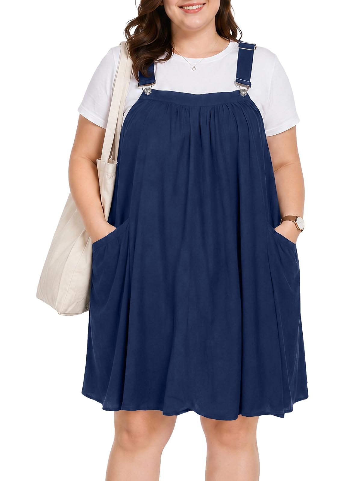 Moon Wood Plus Size Cotton Overall Dress for Women Jumper Dress with Pockets Summer Casual Mini Dress
